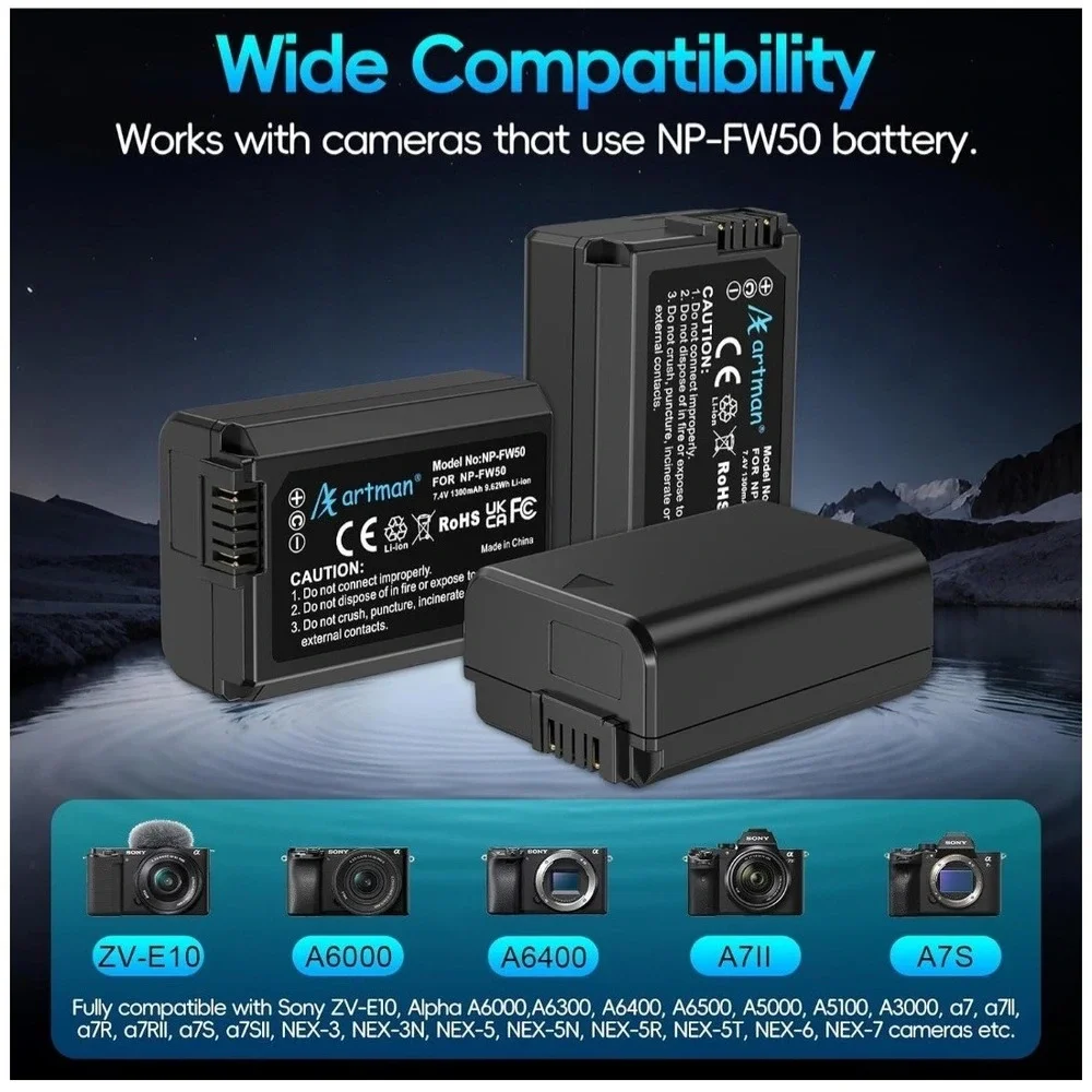 Artman NP-FW50 Battery 3-Pack and‎ Upgraded 3-Slot ZV-E10 Battery LCD Charger
